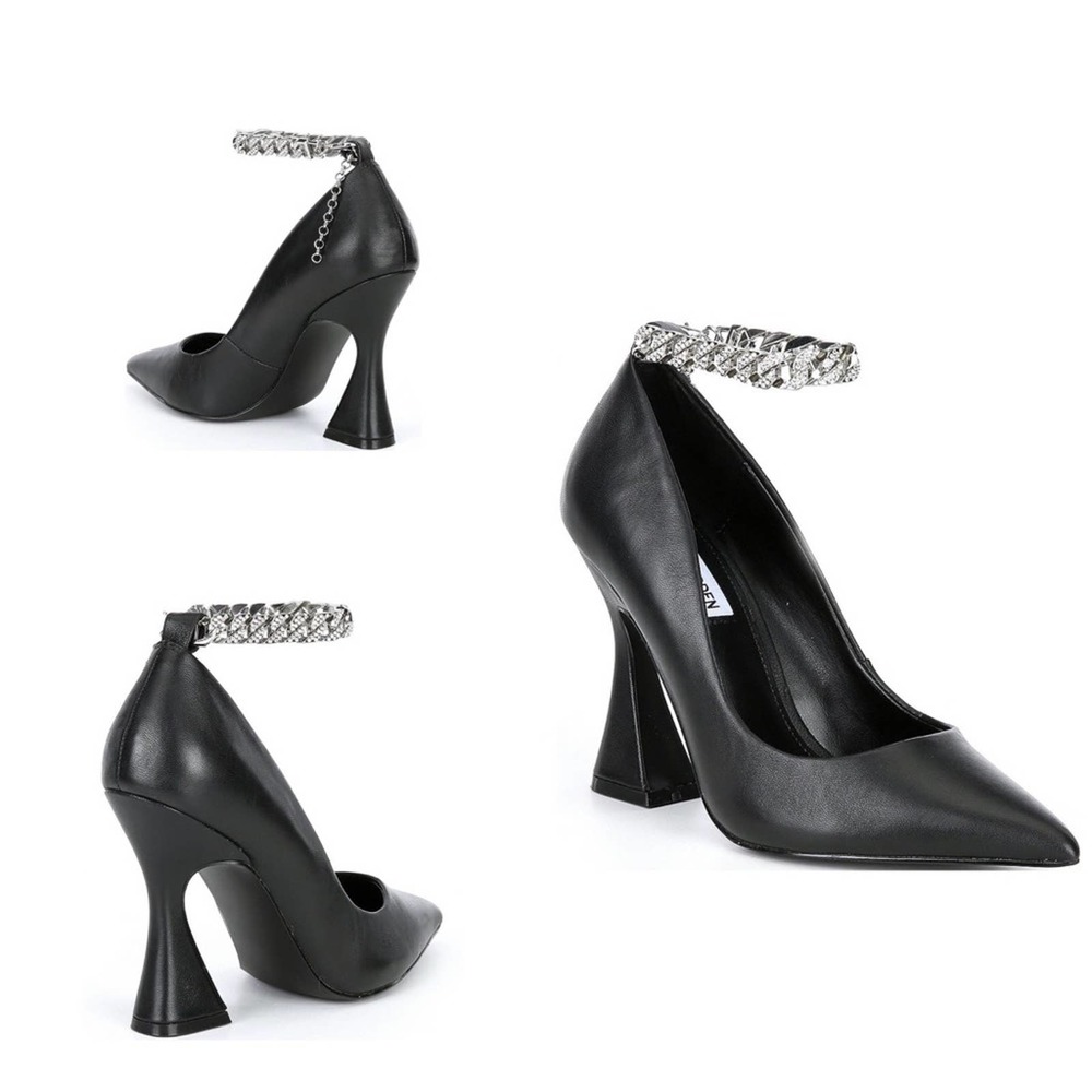 Steve Madden Womens Zippy Bell-Heel Chaine Black Leather 8M